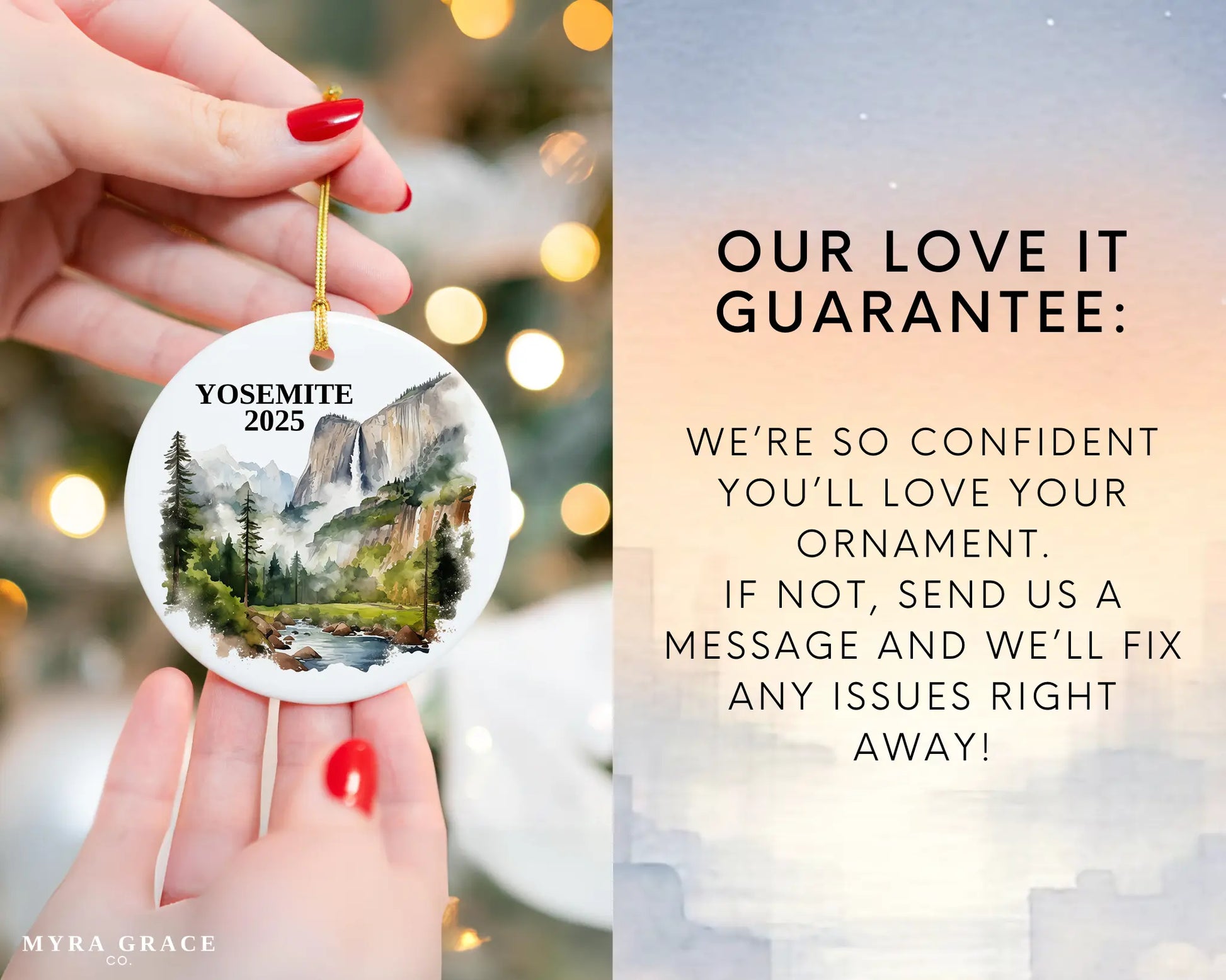 Custom Yosemite National Park ceramic photo ornament with personalized message – handmade Christmas bauble, gift souvenir, or vacation keepsake. Love it guarantee