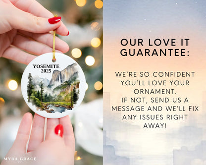 Custom Yosemite National Park ceramic photo ornament with personalized message – handmade Christmas bauble, gift souvenir, or vacation keepsake. Love it guarantee