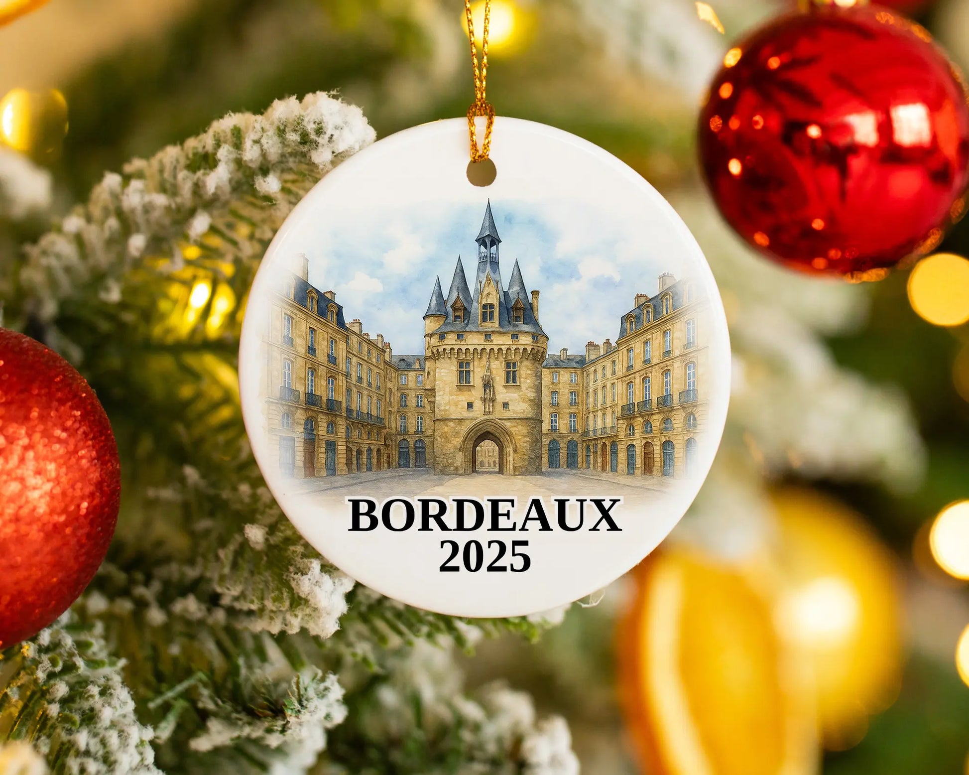 Custom Bordeaux France ceramic photo ornament with personalized message – handmade Christmas bauble, gift souvenir, or vacation keepsake. 