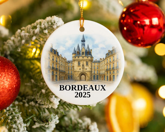 Custom Bordeaux France ceramic photo ornament with personalized message – handmade Christmas bauble, gift souvenir, or vacation keepsake. 