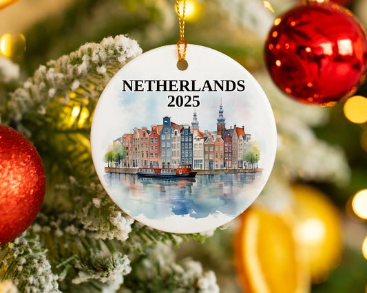 Custom Netherlands ceramic photo ornament with personalized message – handmade Christmas bauble, gift souvenir, or vacation keepsake.  