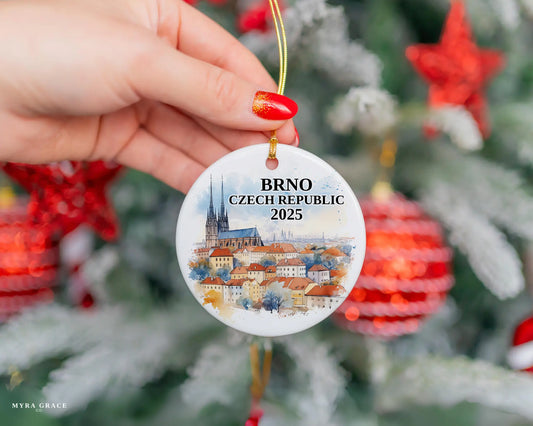 Custom Brno, Czech Republic ceramic photo ornament with personalized message – handmade Christmas bauble, gift souvenir, or vacation keepsake. 