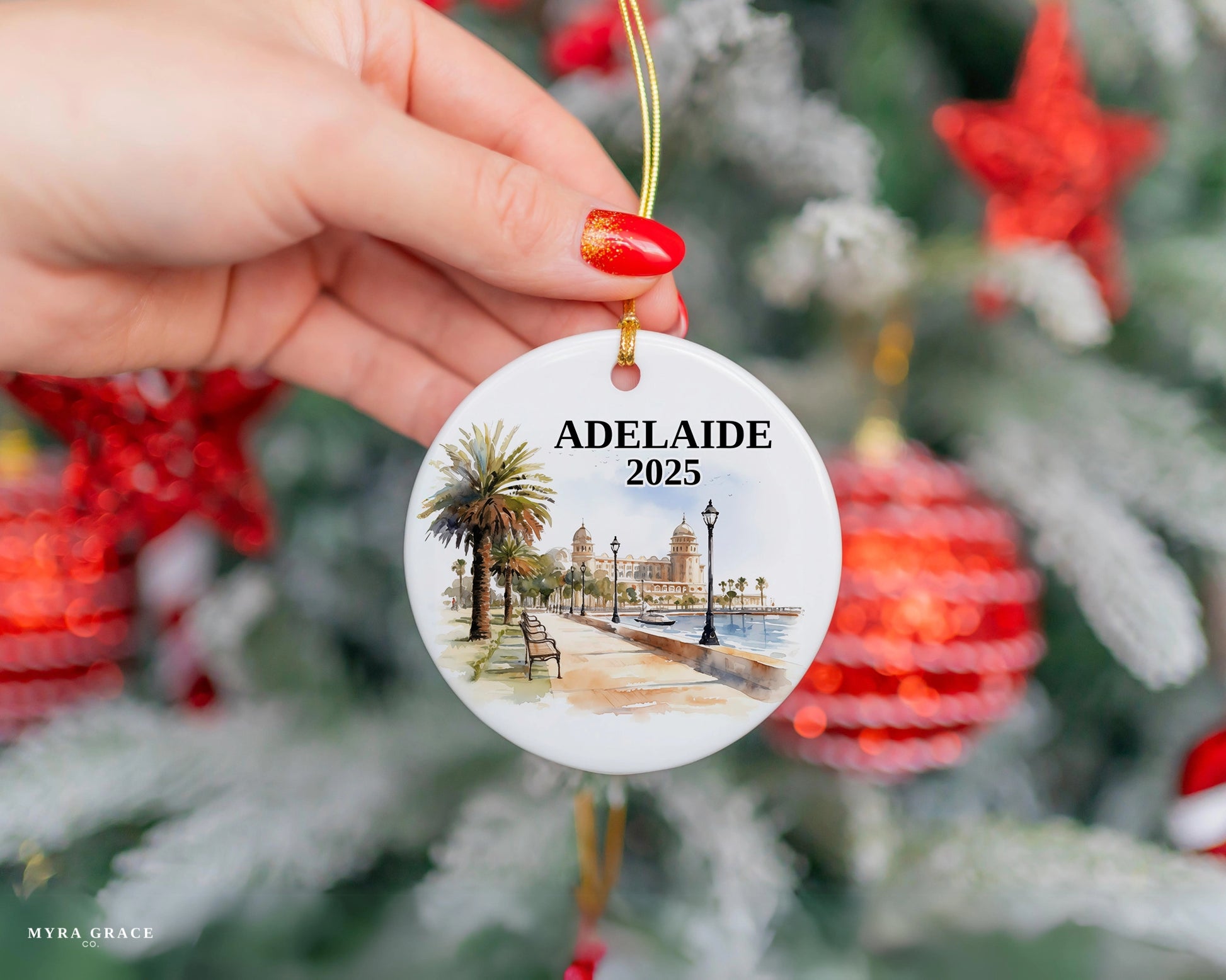 Adelaide Australia Custom ceramic photo ornament with personalized message – handmade Christmas bauble, gift souvenir, or vacation keepsake