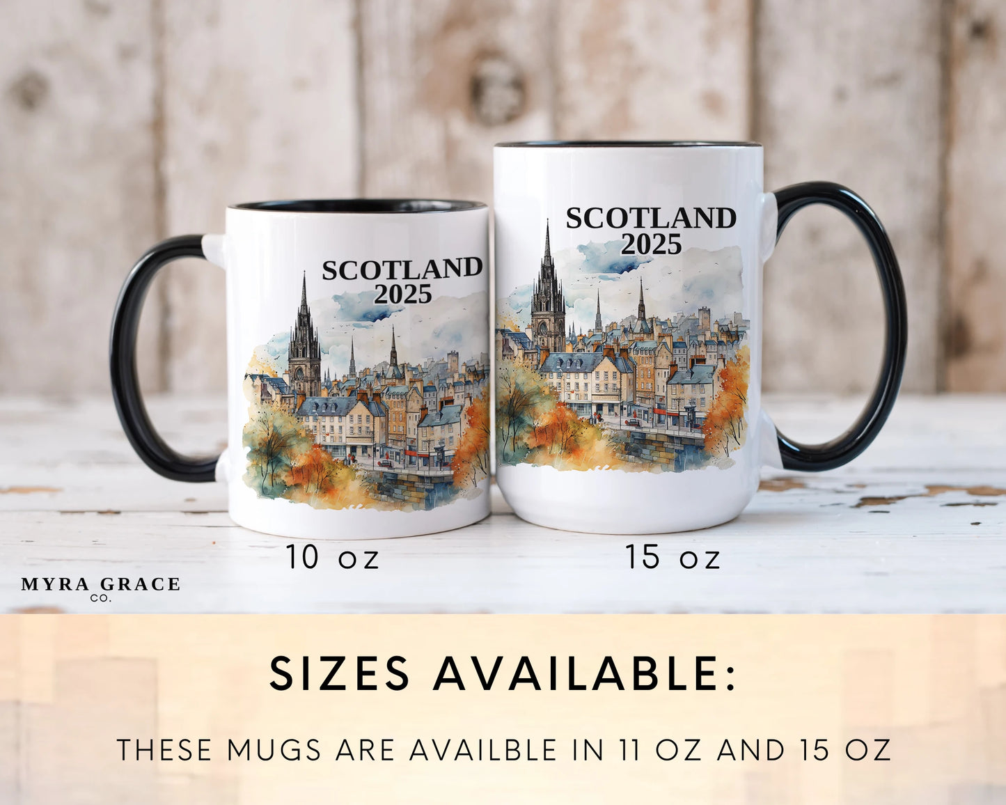 Custom ceramic Edinburgh Scotland vacation mug with watercolor location design, date, and personal photo – personalized travel gift or photo mug.