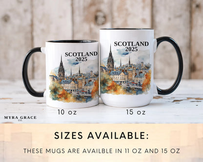 Custom ceramic Edinburgh Scotland vacation mug with watercolor location design, date, and personal photo – personalized travel gift or photo mug.