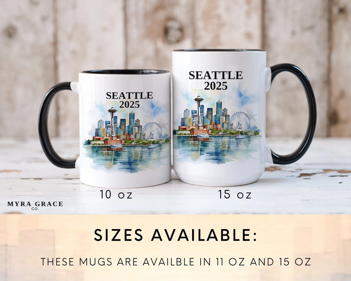 Custom ceramic Seattle vacation mug with watercolor location design, date, and personal photo – personalized travel gift or photo mug. Sizes available