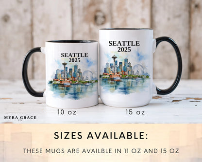 Custom ceramic Seattle vacation mug with watercolor location design, date, and personal photo – personalized travel gift or photo mug. Sizes available