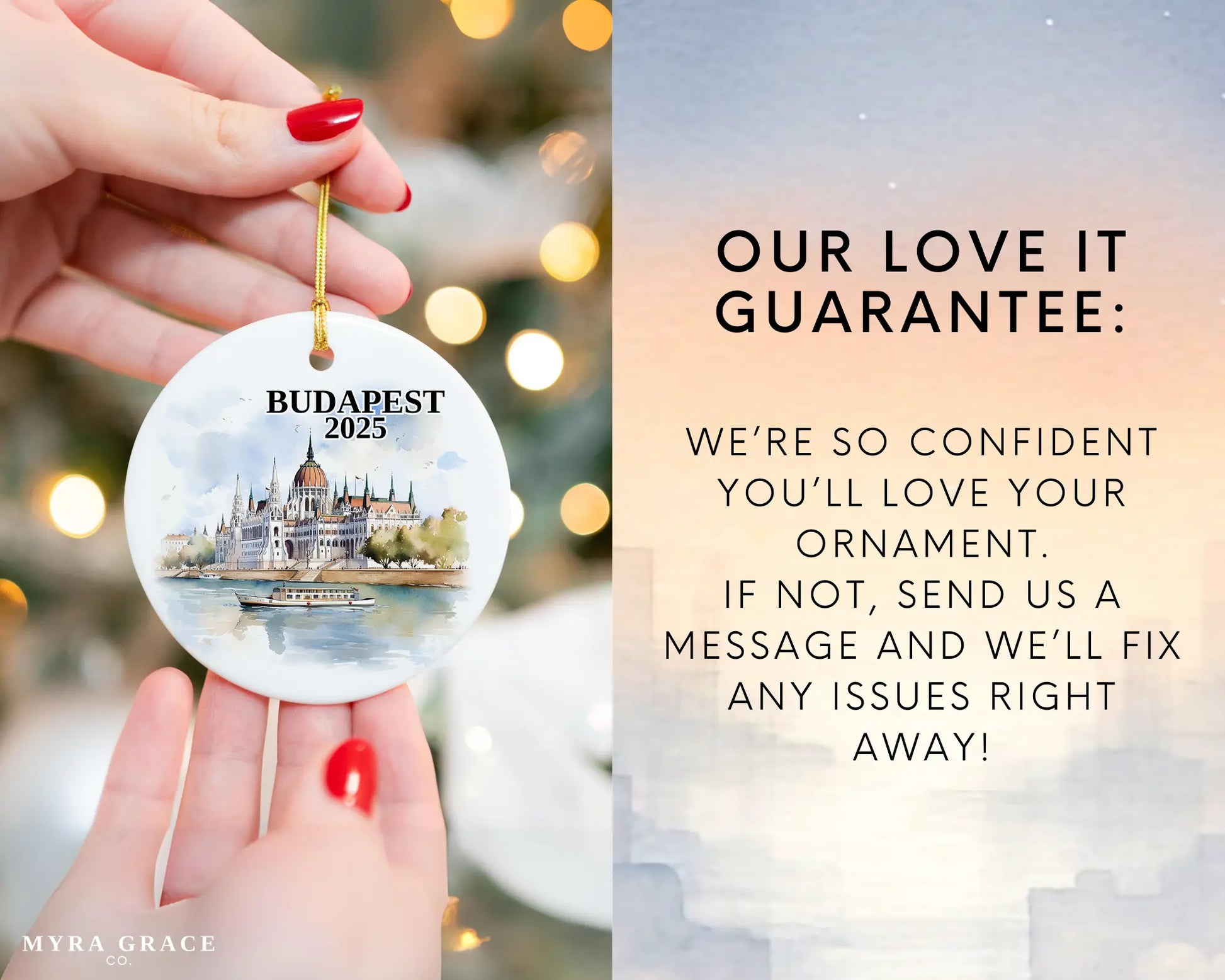 Custom Budapest, Hungary ceramic photo ornament with personalized message – handmade Christmas bauble, gift souvenir, or vacation keepsake. Love it guarantee
