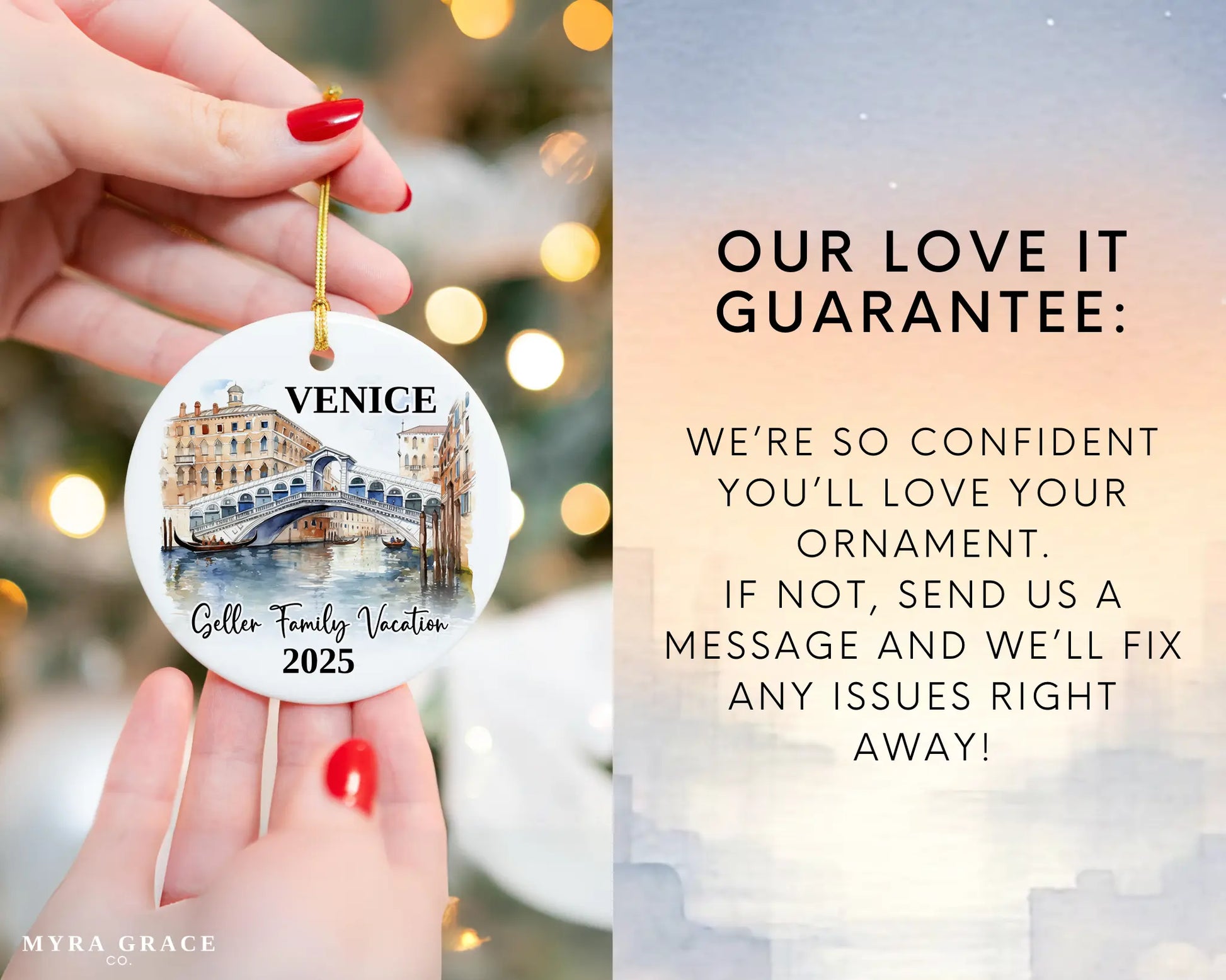 Custom vacation Venice Italy ceramic photo ornament with personalized message – handmade Christmas bauble, gift souvenir, or vacation keepsake. Love it guarantee