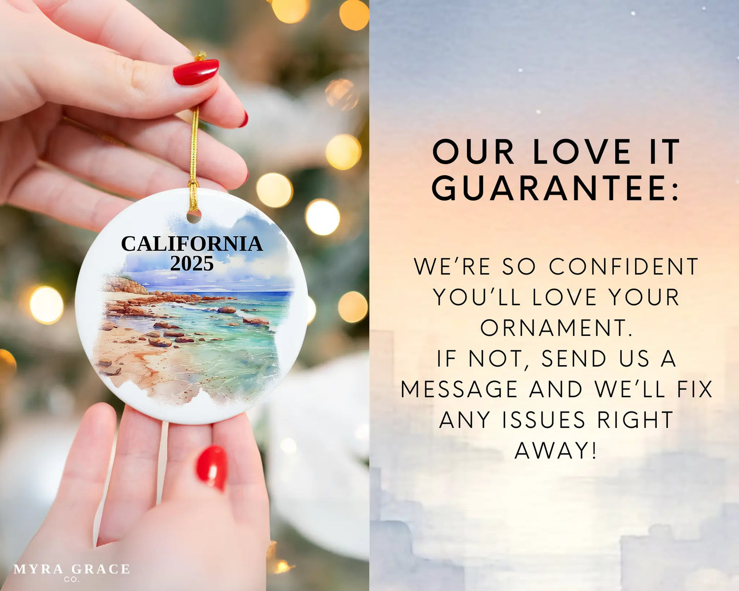 Custom California ceramic photo ornament with personalized message – handmade Christmas bauble, gift souvenir, or vacation keepsake.  
