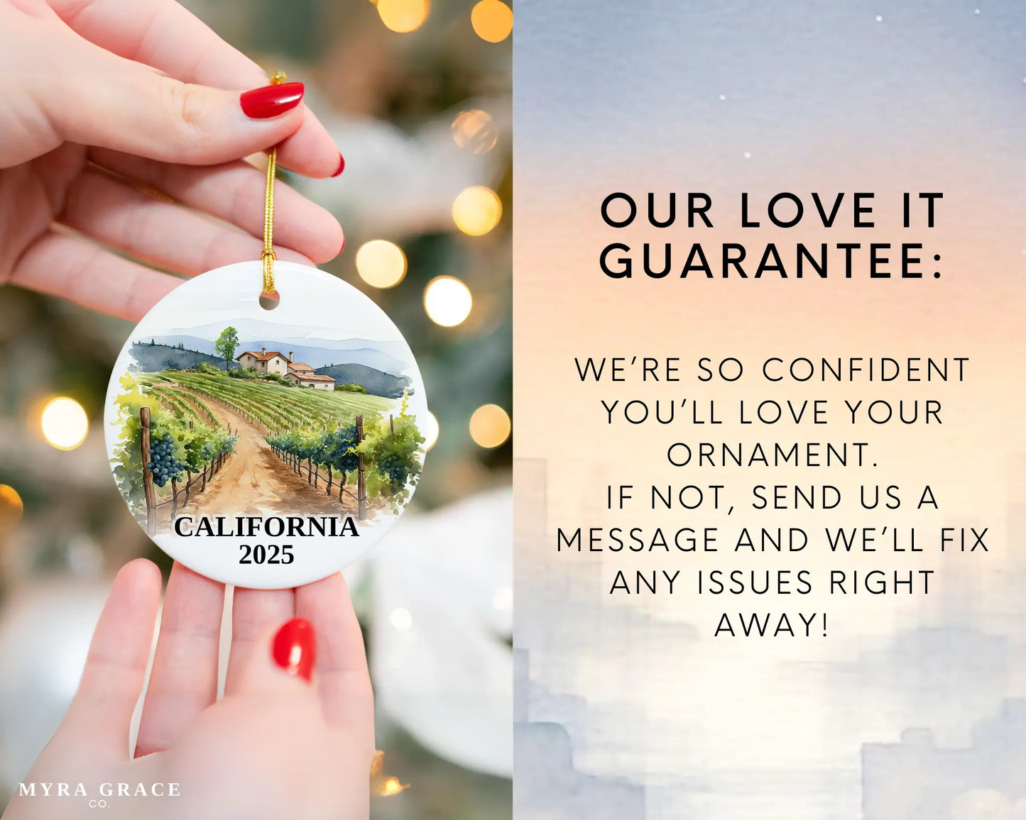 Custom California ceramic photo ornament with personalized message – handmade Christmas bauble, gift souvenir, or vacation keepsake.  love it guarantee