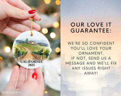 Custom California ceramic photo ornament with personalized message – handmade Christmas bauble, gift souvenir, or vacation keepsake.  love it guarantee