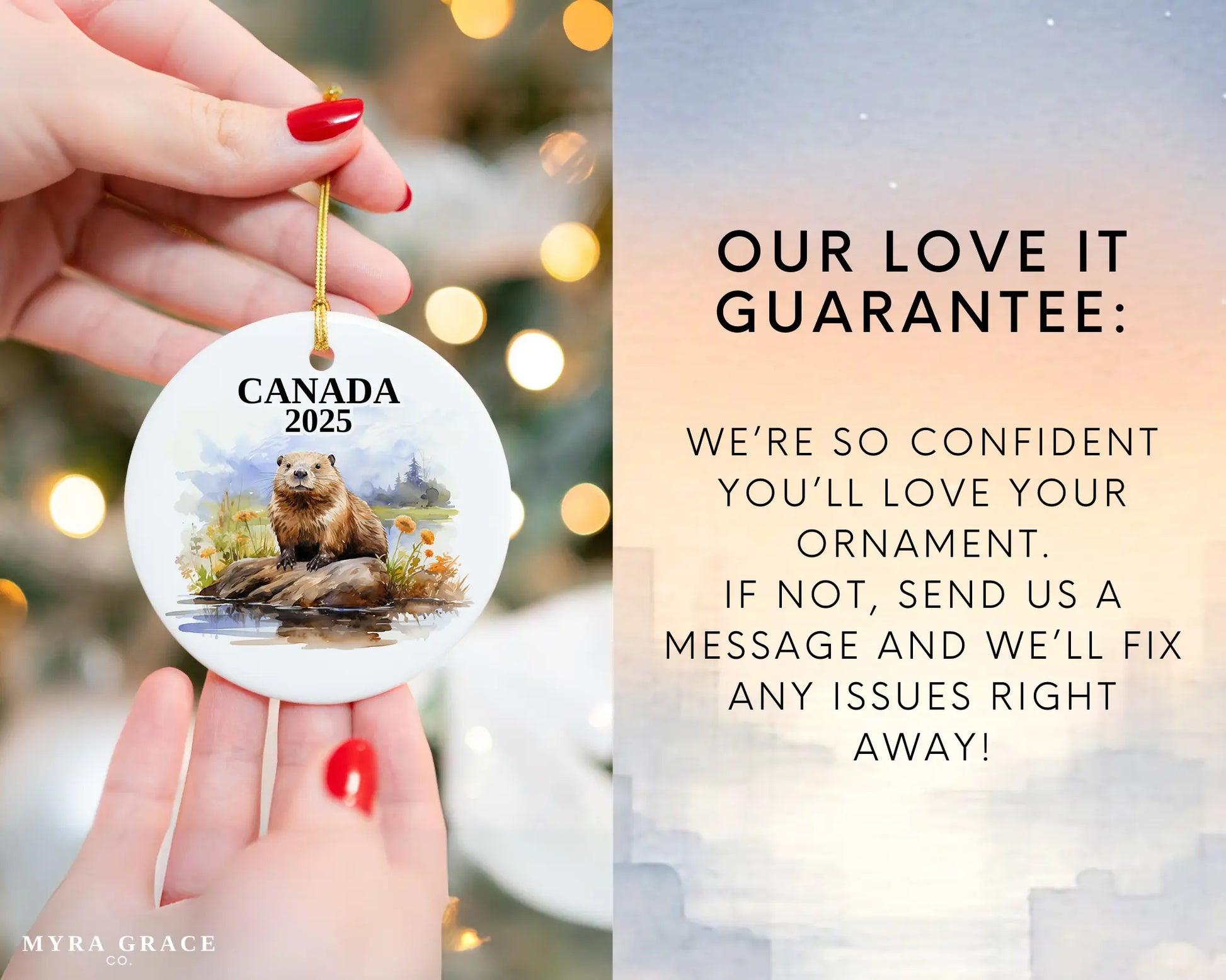 Custom Canada ceramic photo ornament with personalized message – handmade Christmas bauble, gift souvenir, or vacation keepsake.  Love it guarantee