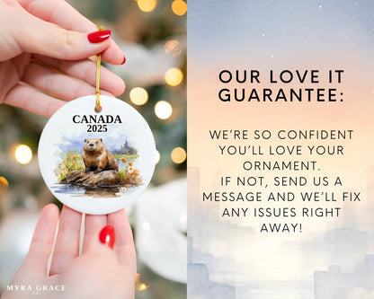 Custom Canada ceramic photo ornament with personalized message – handmade Christmas bauble, gift souvenir, or vacation keepsake.  Love it guarantee