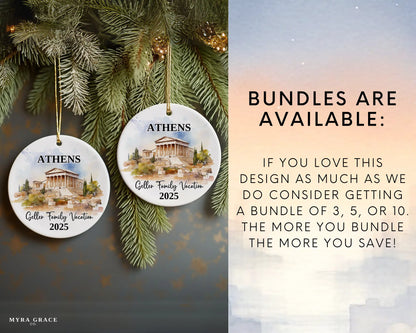 Custom vacation Athens Greece ceramic photo ornament with personalized message – handmade Christmas bauble, gift souvenir, or vacation keepsake. Bundles are available