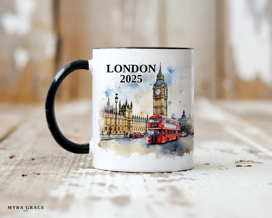 Custom ceramic London vacation mug with watercolor location design, date, and personal photo – personalized travel gift or photo mug. 