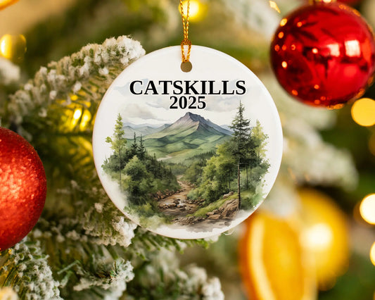 Custom Catskills ceramic photo ornament with personalized message – handmade Christmas bauble, gift souvenir, or vacation keepsake.  