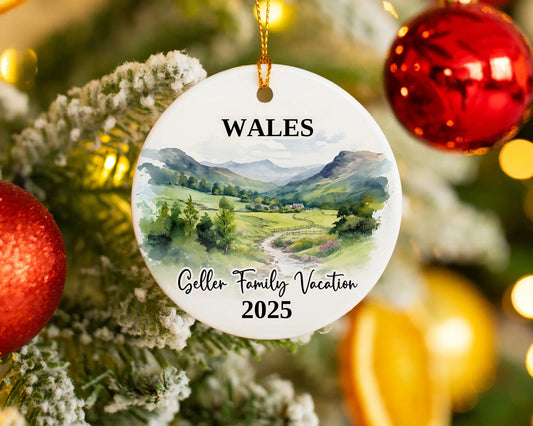 Custom vacation Wales Cymru ceramic photo ornament with personalized message – handmade Christmas bauble, gift souvenir, or vacation keepsake. 