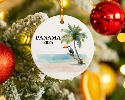 Custom Panama ceramic photo ornament with personalized message – handmade Christmas bauble, gift souvenir, or vacation keepsake. 