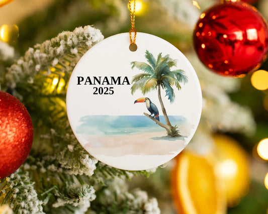Custom Panama ceramic photo ornament with personalized message – handmade Christmas bauble, gift souvenir, or vacation keepsake. 