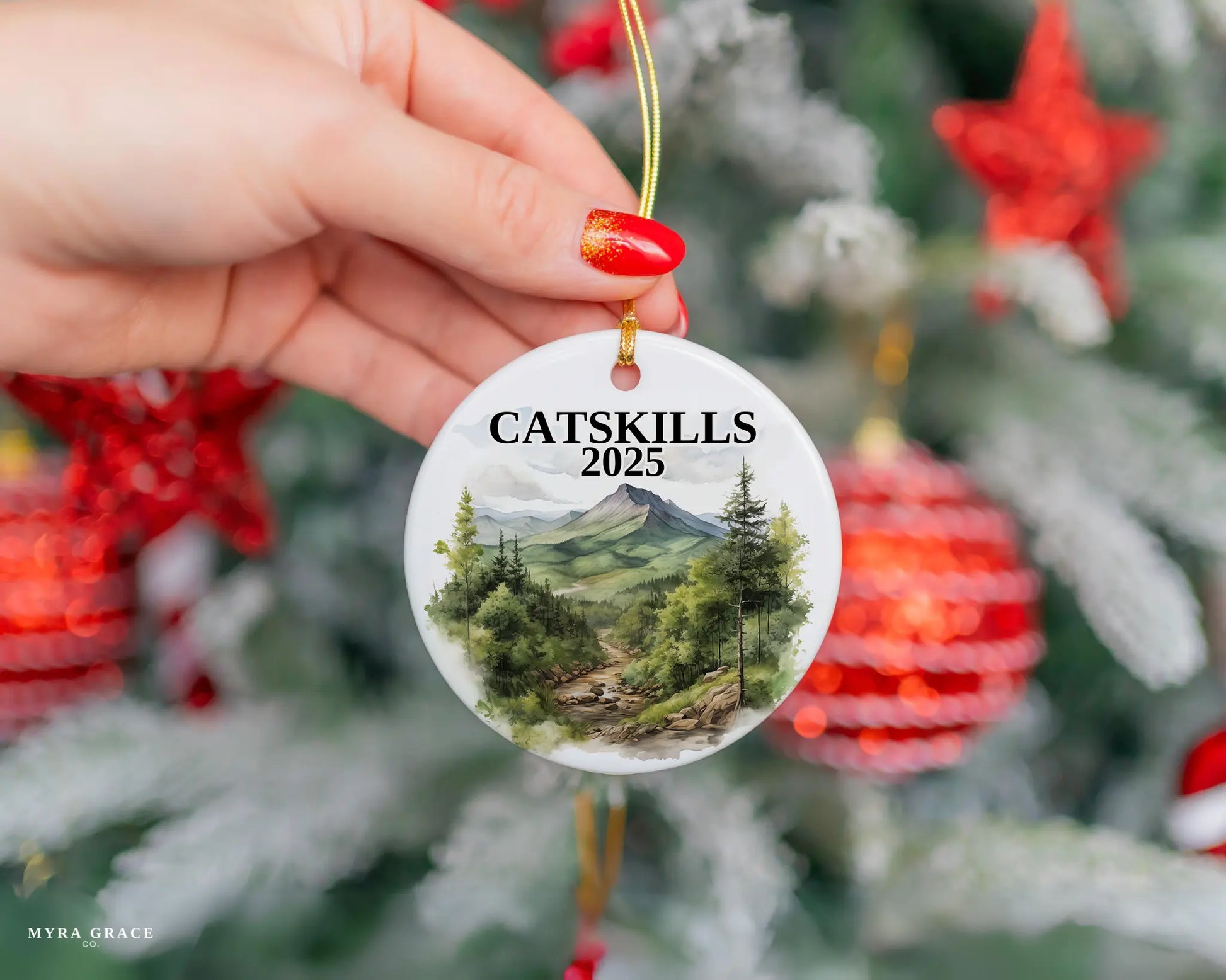 Custom Catskills ceramic photo ornament with personalized message – handmade Christmas bauble, gift souvenir, or vacation keepsake.  
