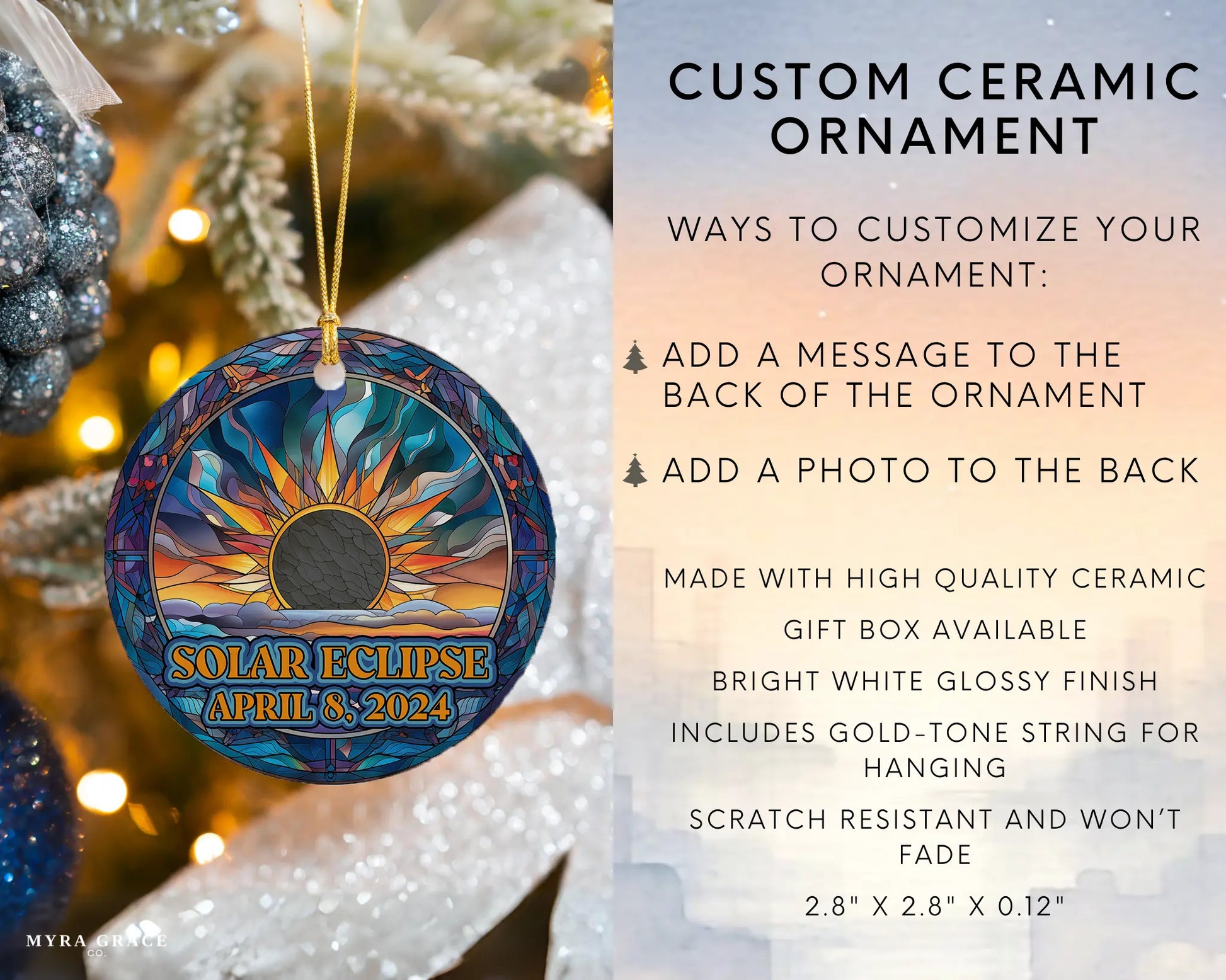 Ceramic solar eclipse 2024 ornament with celestial design – space-themed gift or keepsake. Infographic