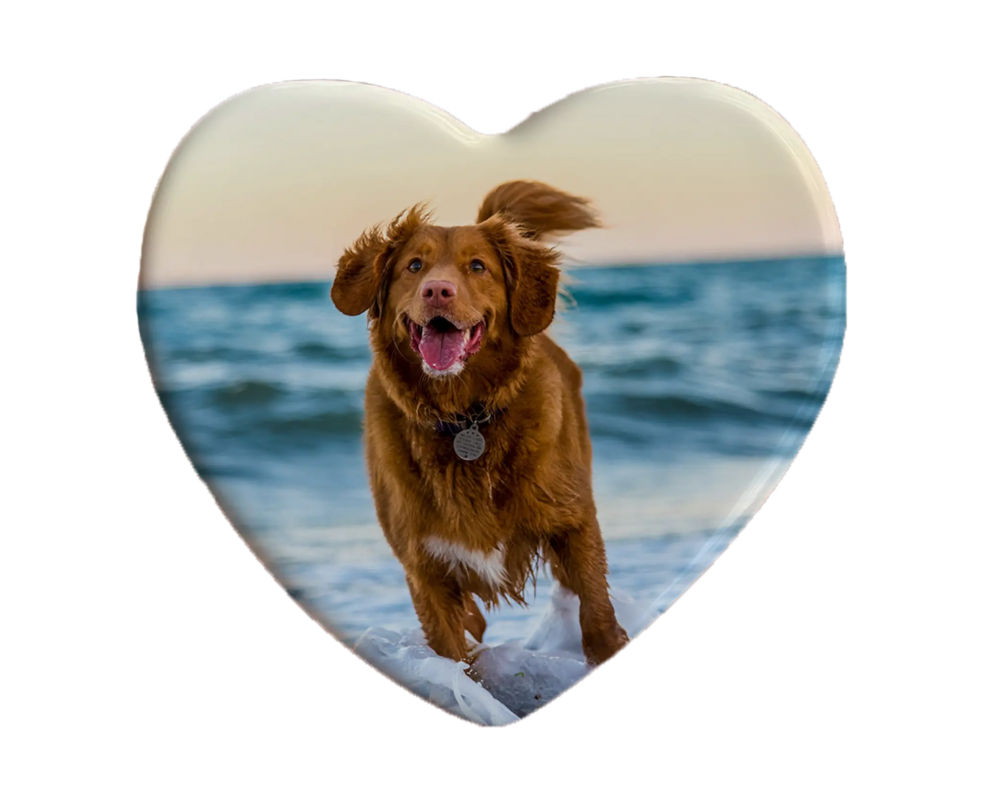 Heart-shaped custom dog ceramic photo magnet on fridge – handmade personalized gift or Christmas fridge magnet. 