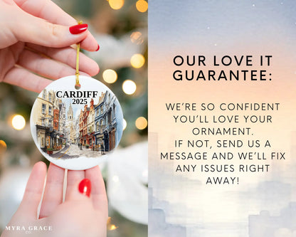 Custom Cardiff Wales ceramic photo ornament with personalized message – handmade Christmas bauble, gift souvenir, or vacation keepsake.  Love it guarantee