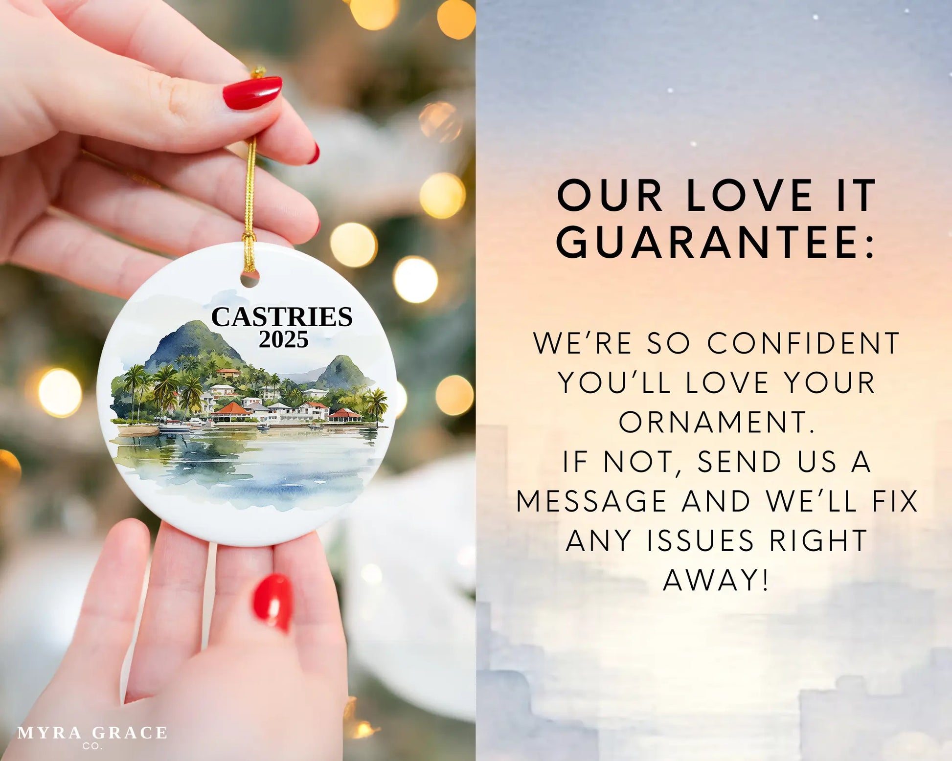 Custom Castries Saint Lucia ceramic photo ornament with personalized message – handmade Christmas bauble, gift souvenir, or vacation keepsake.  Love it guarantee