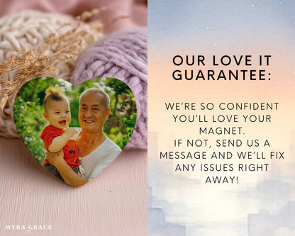 Heart-shaped custom grandpa ceramic photo magnet on fridge – handmade personalized gift or Christmas fridge magnet. Love it guarantee