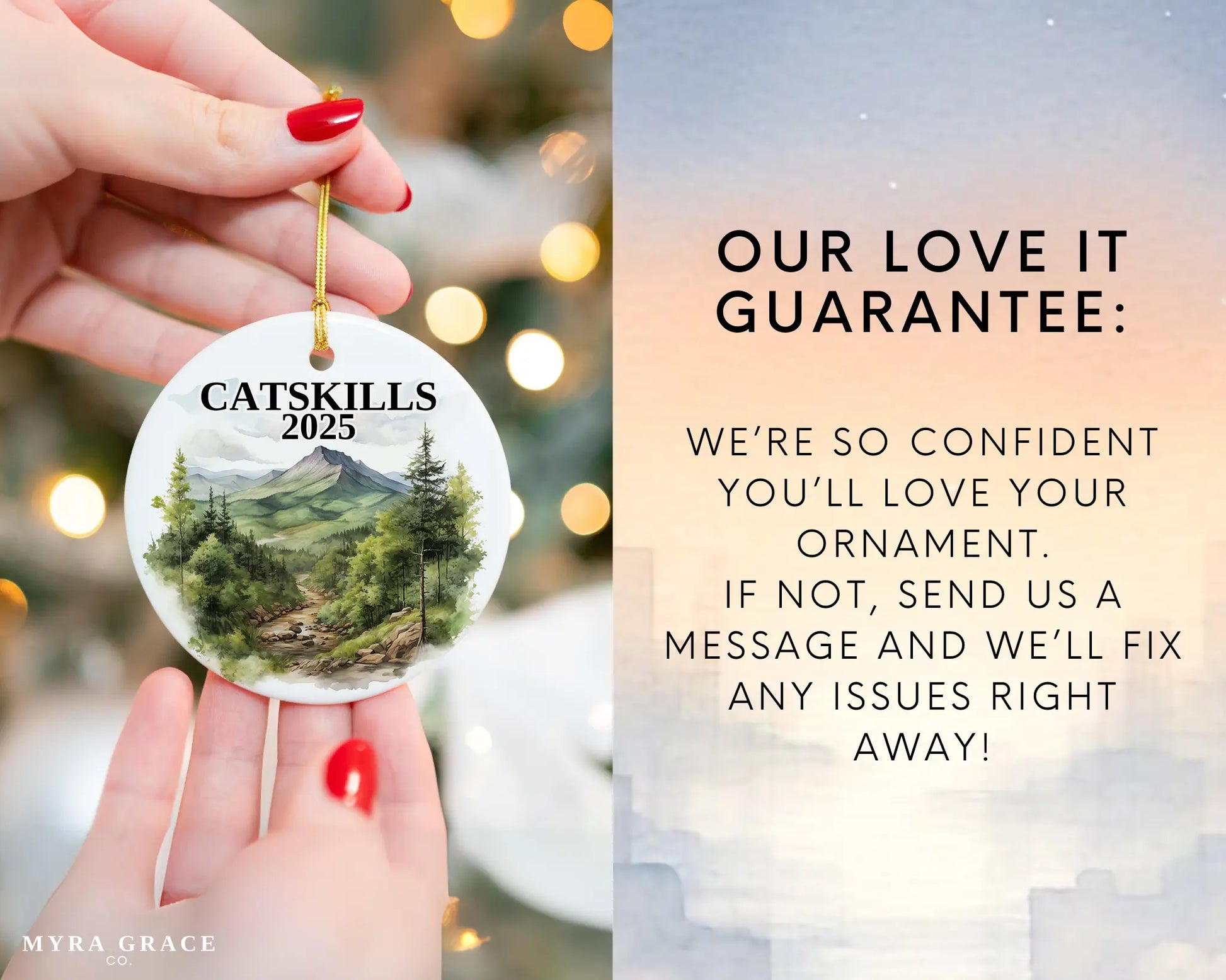 Custom Catskills ceramic photo ornament with personalized message – handmade Christmas bauble, gift souvenir, or vacation keepsake.  Love it guarantee