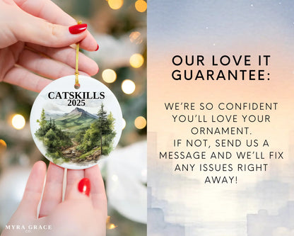 Custom Catskills ceramic photo ornament with personalized message – handmade Christmas bauble, gift souvenir, or vacation keepsake.  Love it guarantee