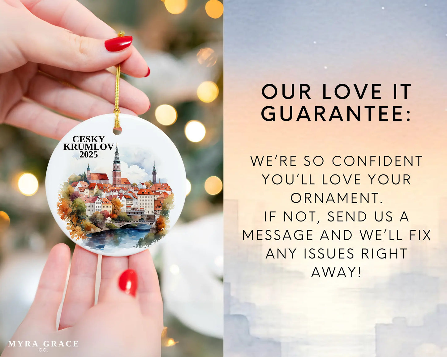 Custom Cesky Krumlov Czech Republic ceramic photo ornament with personalized message – handmade Christmas bauble, gift souvenir, or vacation keepsake.  Love it guarantee