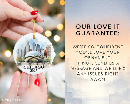 Custom Chicago ceramic photo ornament with personalized message – handmade Christmas bauble, gift souvenir, or vacation keepsake.  Love it guarantee