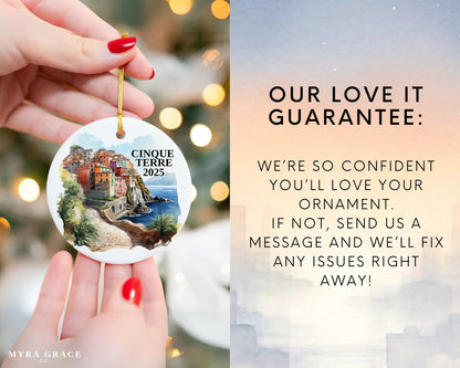 Custom Cinque Terre Italy ceramic photo ornament with personalized message – handmade Christmas bauble, gift souvenir, or vacation keepsake.  Love it guarantee