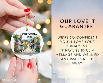 Custom Colombia ceramic photo ornament with personalized message – handmade Christmas bauble, gift souvenir, or vacation keepsake.  Love it guarantee