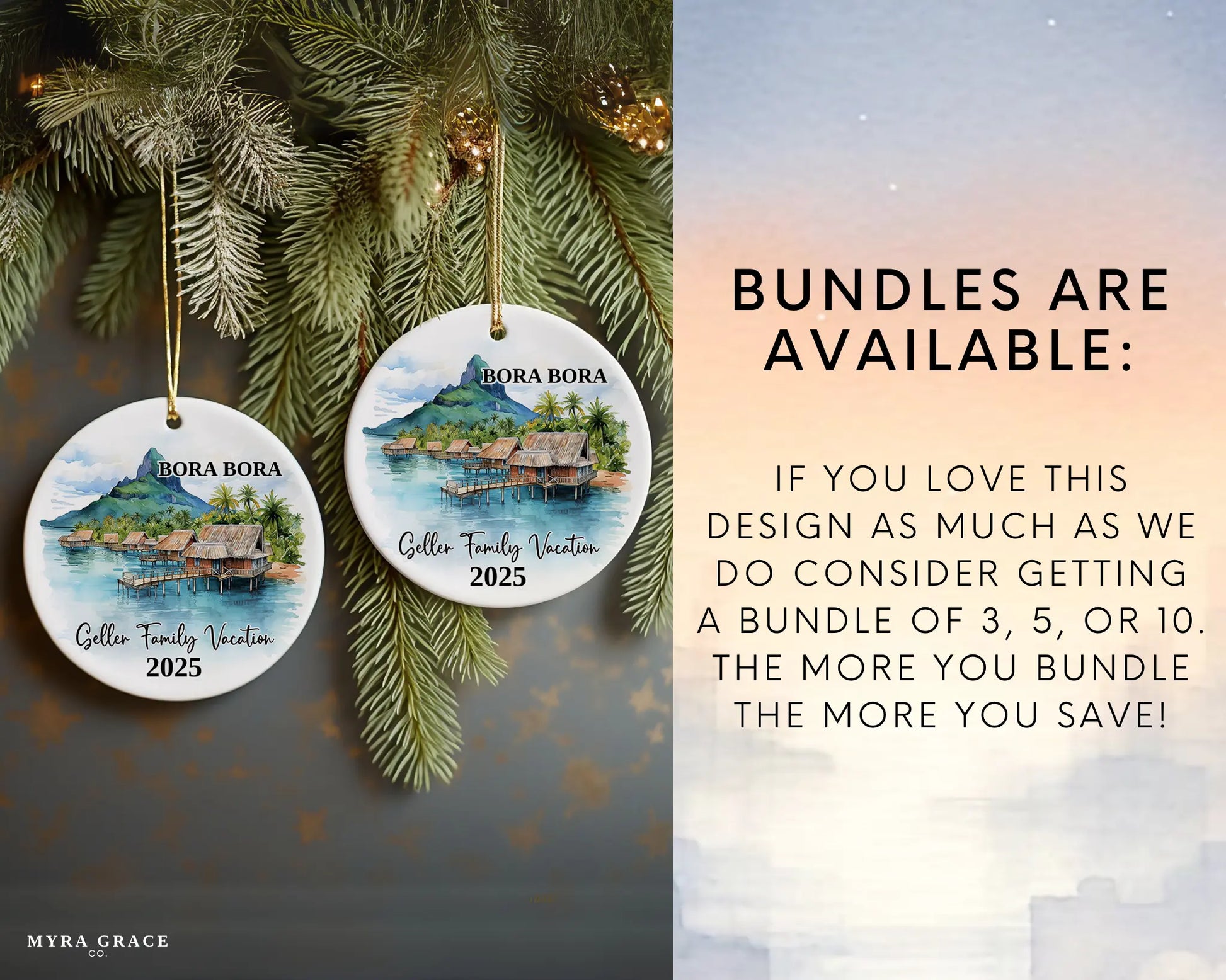 Custom vacation Bora Bora ceramic photo ornament with personalized message – handmade Christmas bauble, gift souvenir, or vacation keepsake. Bundles are available