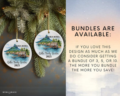 Custom vacation Bora Bora ceramic photo ornament with personalized message – handmade Christmas bauble, gift souvenir, or vacation keepsake. Bundles are available