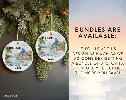 Custom vacation Brazil ceramic photo ornament with personalized message – handmade Christmas bauble, gift souvenir, or vacation keepsake. Bundles are available