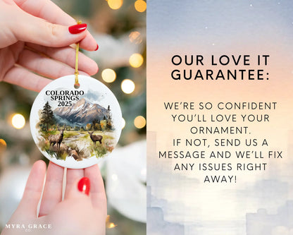 Custom Colorado Springs ceramic photo ornament with personalized message – handmade Christmas bauble, gift souvenir, or vacation keepsake.  Love it guarantee