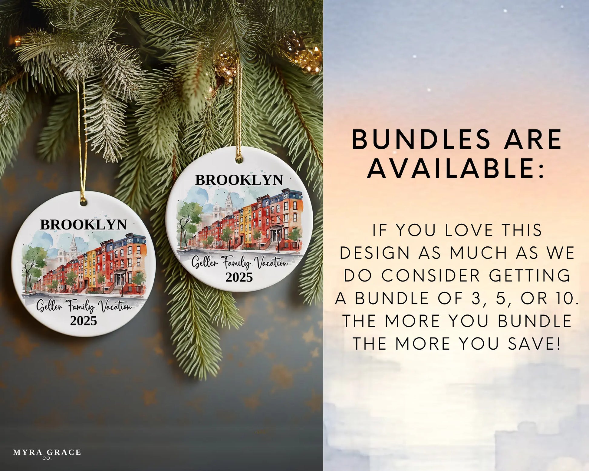 Custom vacation Brooklyn New York ceramic photo ornament with personalized message – handmade Christmas bauble, gift souvenir, or vacation keepsake. Bundles are available