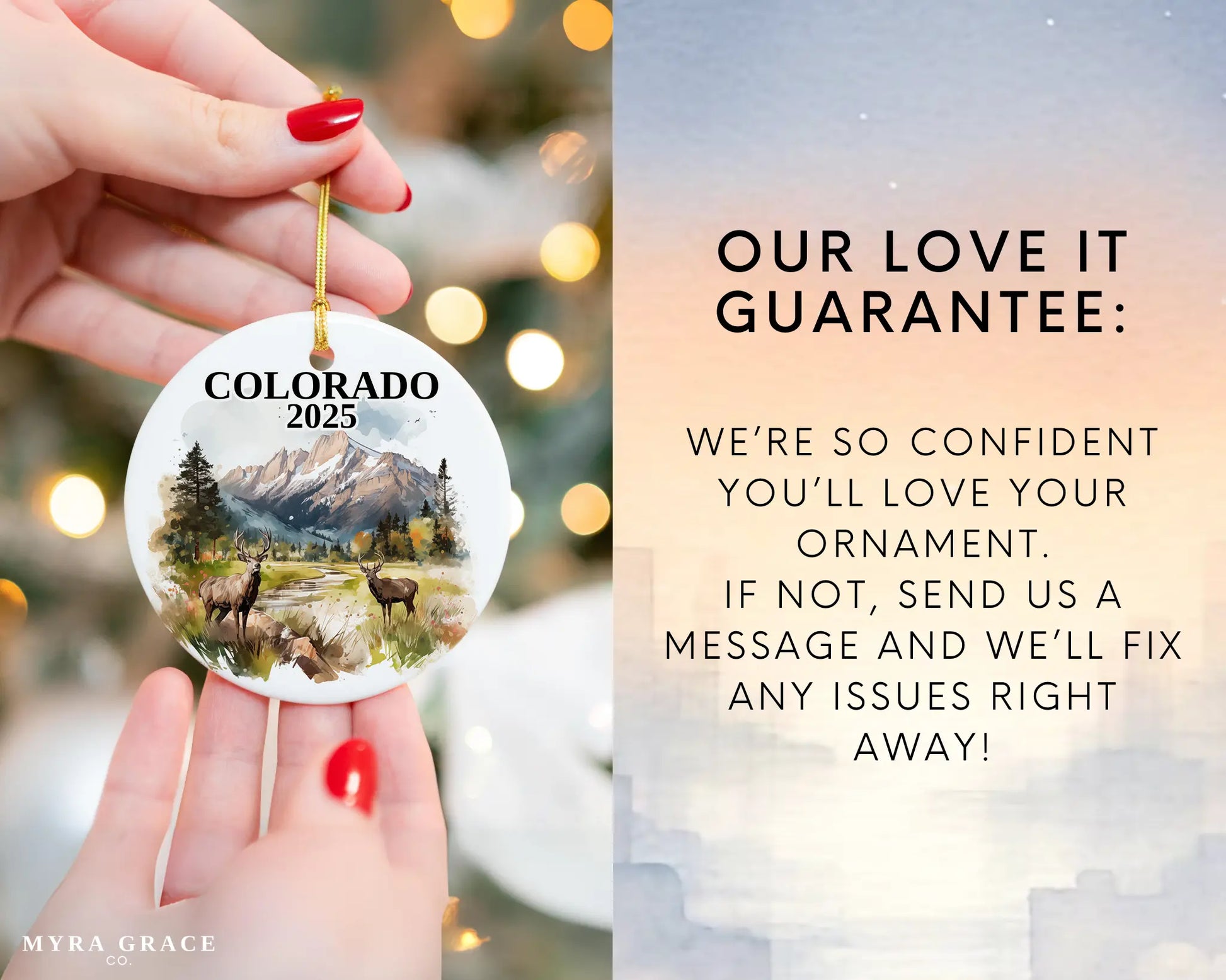 Custom Colorado ceramic photo ornament with personalized message – handmade Christmas bauble, gift souvenir, or vacation keepsake.  love it guarantee