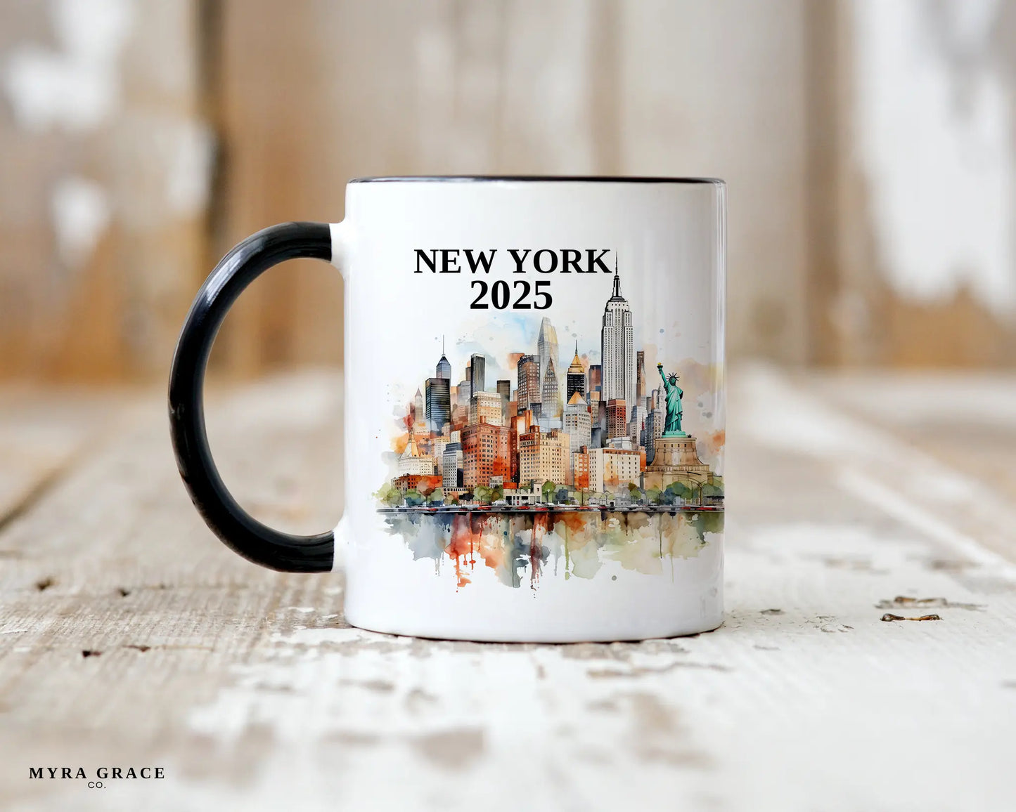 Custom ceramic New York vacation mug with watercolor location design, date, and personal photo – personalized travel gift or photo mug. 