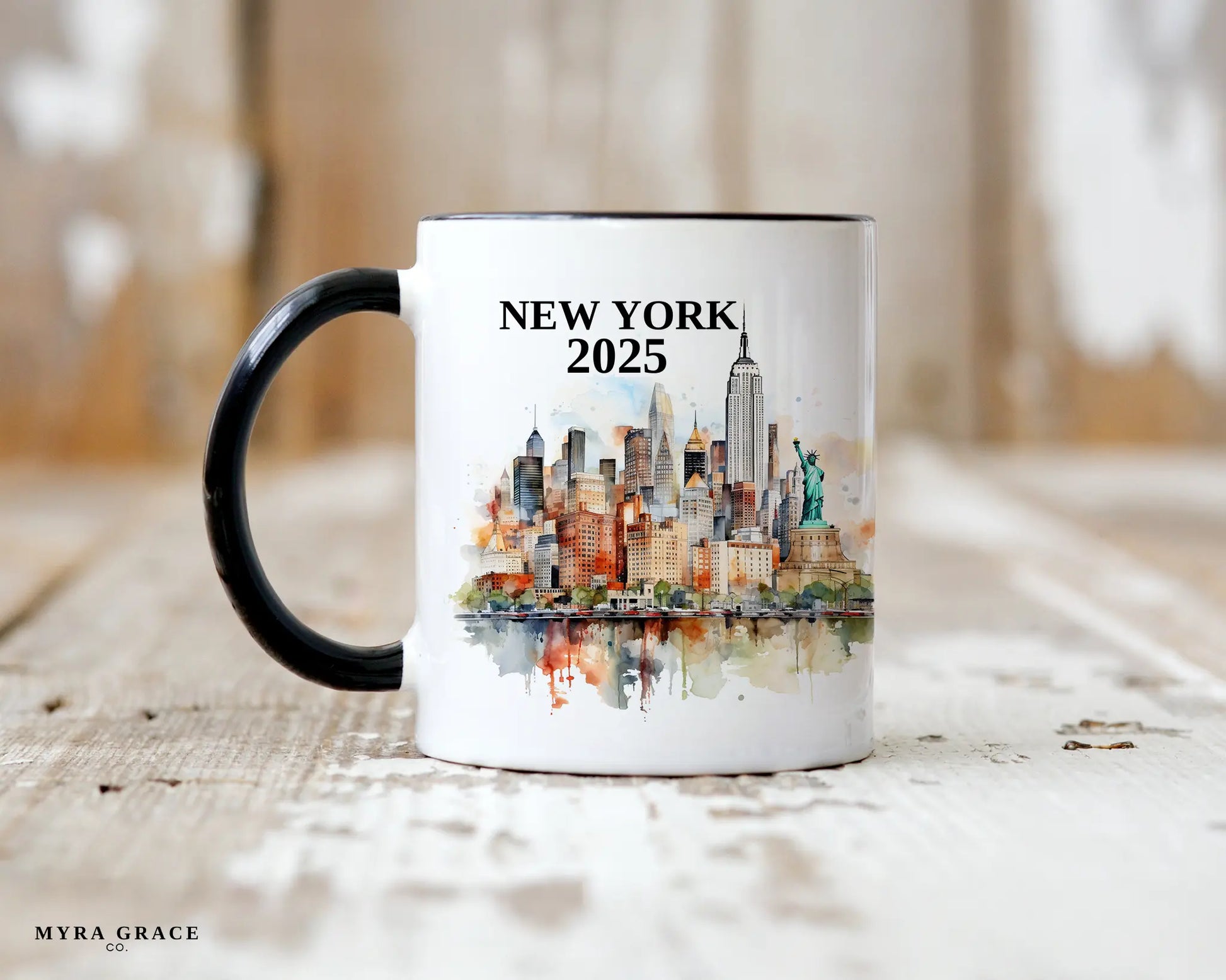 Custom ceramic New York vacation mug with watercolor location design, date, and personal photo – personalized travel gift or photo mug. 