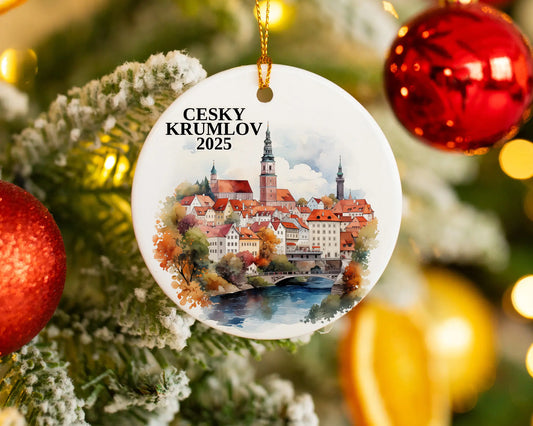 Custom Cesky Krumlov Czech Republic ceramic photo ornament with personalized message – handmade Christmas bauble, gift souvenir, or vacation keepsake.  