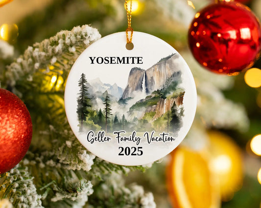 Custom vacation Yosemite ceramic photo ornament with personalized message – handmade Christmas bauble, gift souvenir, or vacation keepsake. 