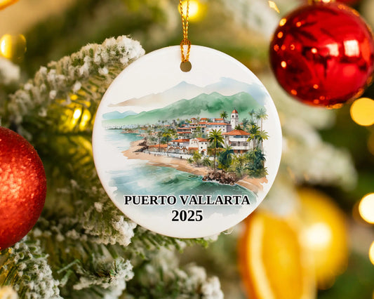 Custom Puerto Vallarta Mexico ceramic photo ornament with personalized message – handmade Christmas bauble, gift souvenir, or vacation keepsake.  