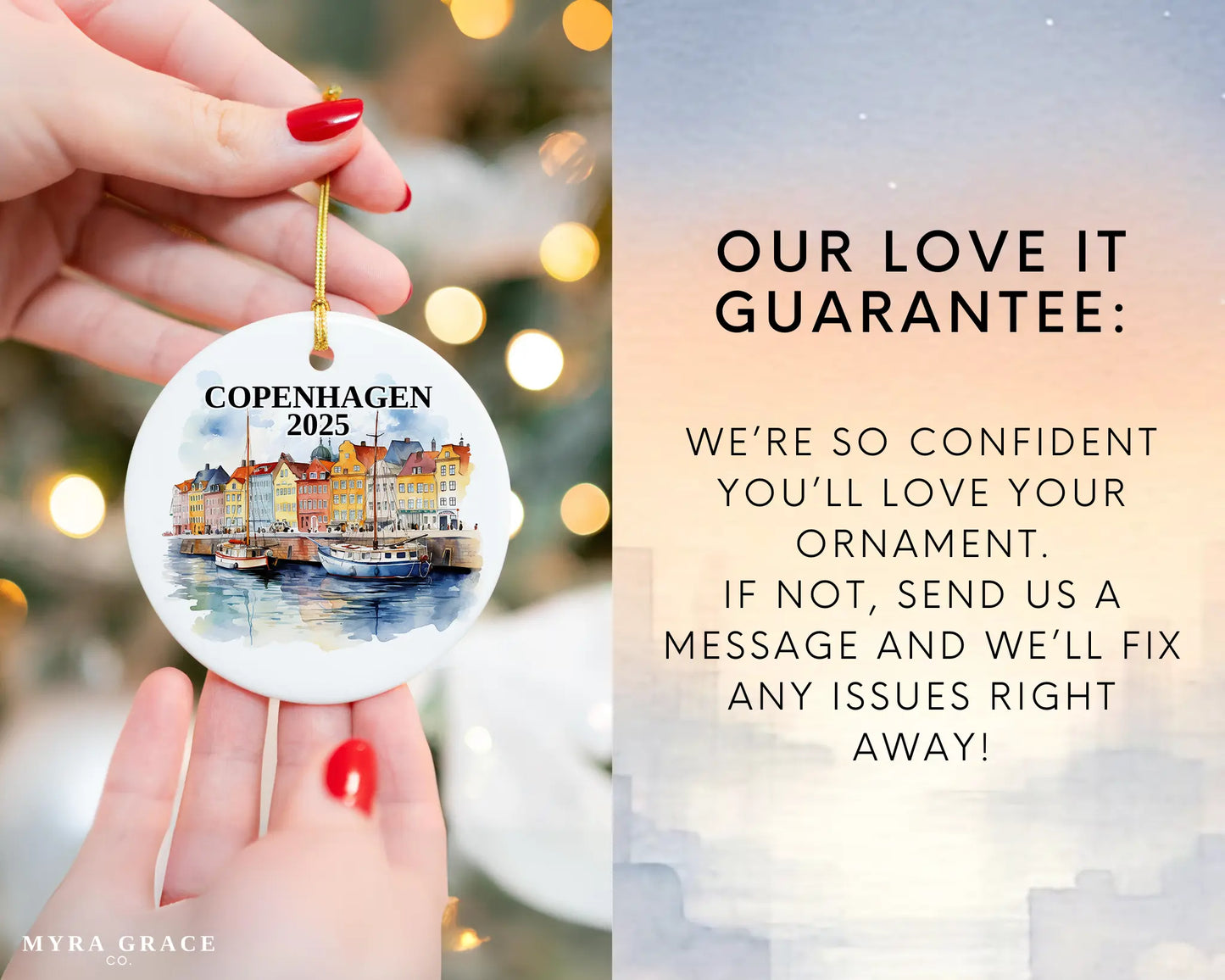Custom Copenhagen ceramic photo ornament with personalized message – handmade Christmas bauble, gift souvenir, or vacation keepsake.  Love it guarantee
