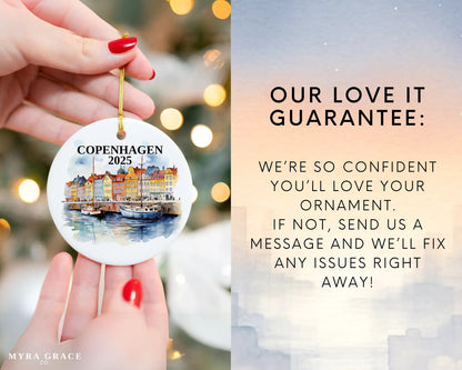 Custom Copenhagen ceramic photo ornament with personalized message – handmade Christmas bauble, gift souvenir, or vacation keepsake.  Love it guarantee
