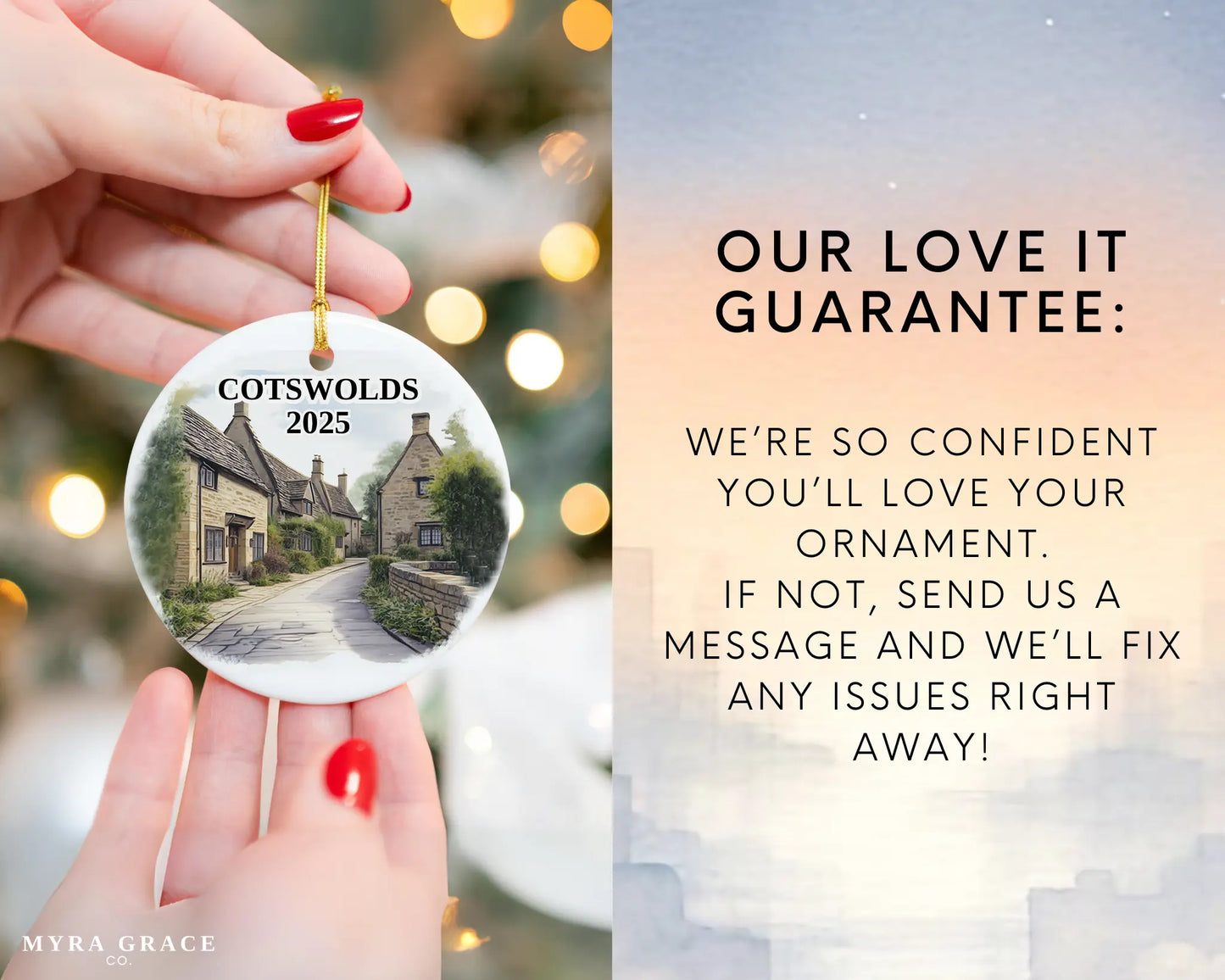 Custom Cotswolds England ceramic photo ornament with personalized message – handmade Christmas bauble, gift souvenir, or vacation keepsake.  Love it guarantee